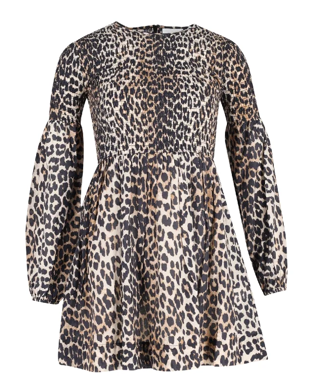 Chic Style, Always In Vogue Ganni Shirred Mini Dress in Animal Print Cotton Classic Appeal