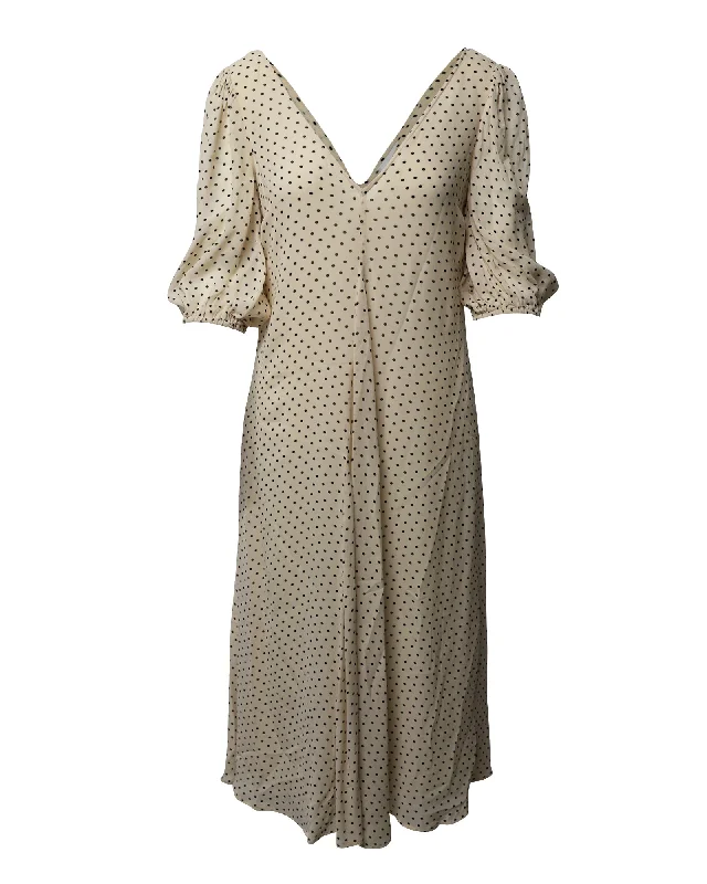 Valentine's Special Ganni V-Neck Polka Dot Midi Dress in Cream Viscose Disco - Inspired Retro Dance Look