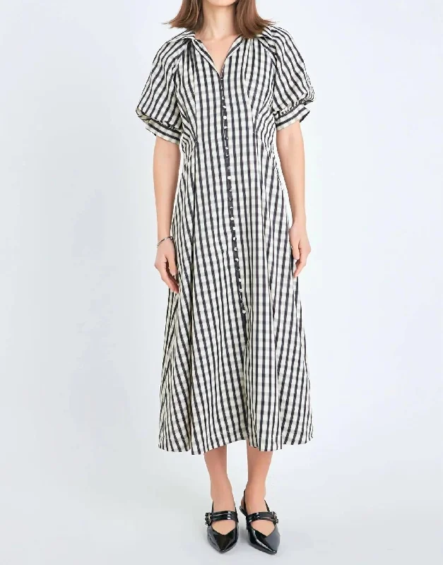 Comfort Meets Fashion Gingham Check Midi Dress In Black/white Rustic Countryside Charm Look