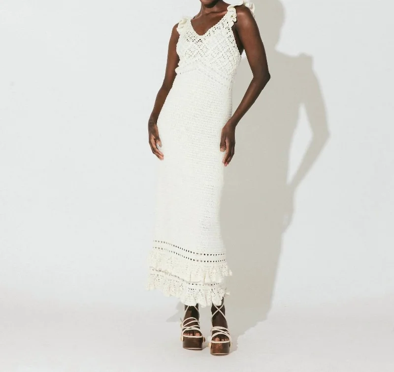 Laid-Back Fashion Offers Janis Hand Crochet Midi Dress In Ivory Feminine Charm