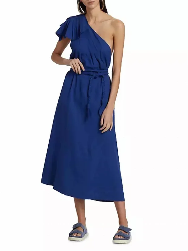 Special Offer For You Leaf One-Shoulder Midi Dress In Blue Flowy Fabric