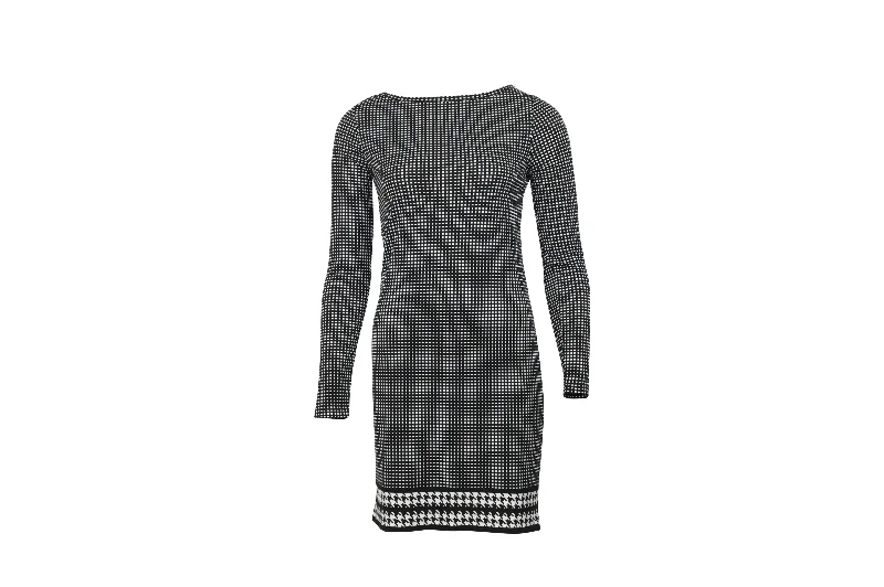 Season Sale Michael Kors Checked Mini Dress with Houndstooth Hem in Black Polyester Playful Elegance