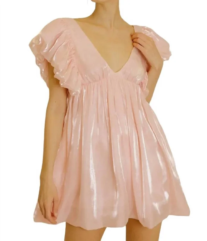 Contemporary Chic Promotions Monochromatic Pastel And Shiny Baby Doll Mini Dress In Pink Casual Weekend Relaxed Style