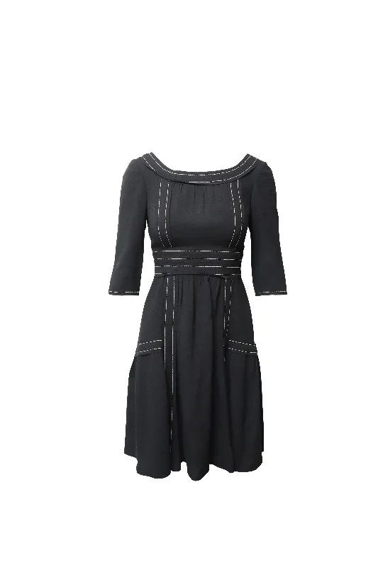 Chic Trend Collection Prada Contrast Stitch Midi Dress in Black Silk Effortless Sophistication