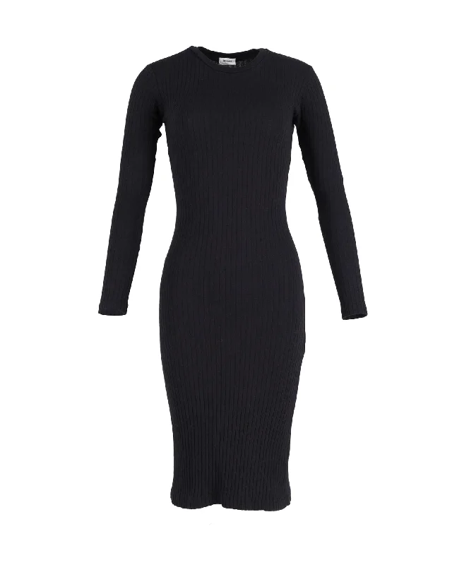 Fashion Deal Re/Done Ribbed Knit Fitted Long Sleeved Midi Dress in Black Cotton Today Only