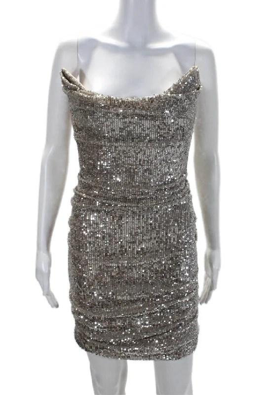 Limited Styles Reem Acra Womens Metallic Sequined Ruched Backless Mini Dress Silver Luxe Layering