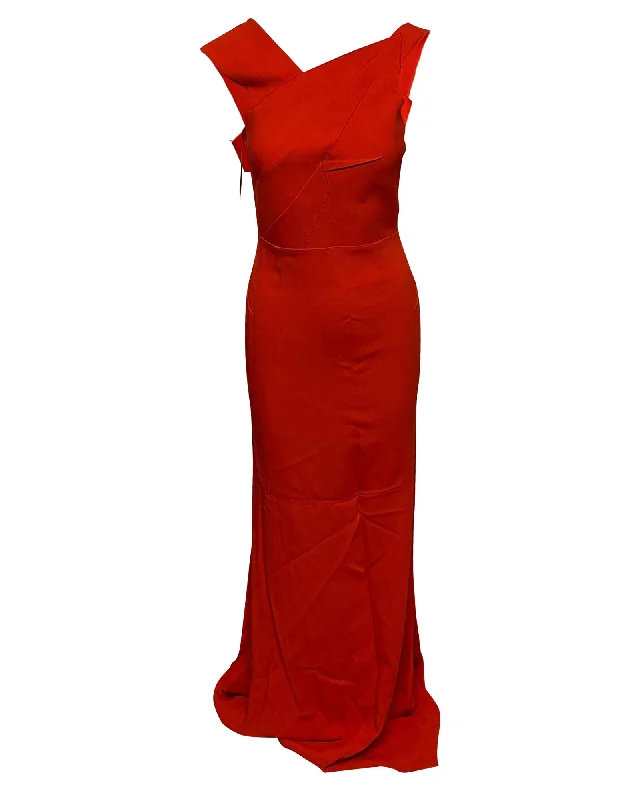 Ends Soon Roand Mouret Asymmetric Neckline Gown in Orange Viscose Romantic Date - Night Ensemble