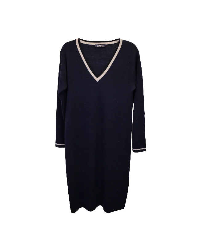 Best Deals Of The Season 'S Max Mara Striped V-neck Midi Dress in Navy Blue Wool Weekend Special