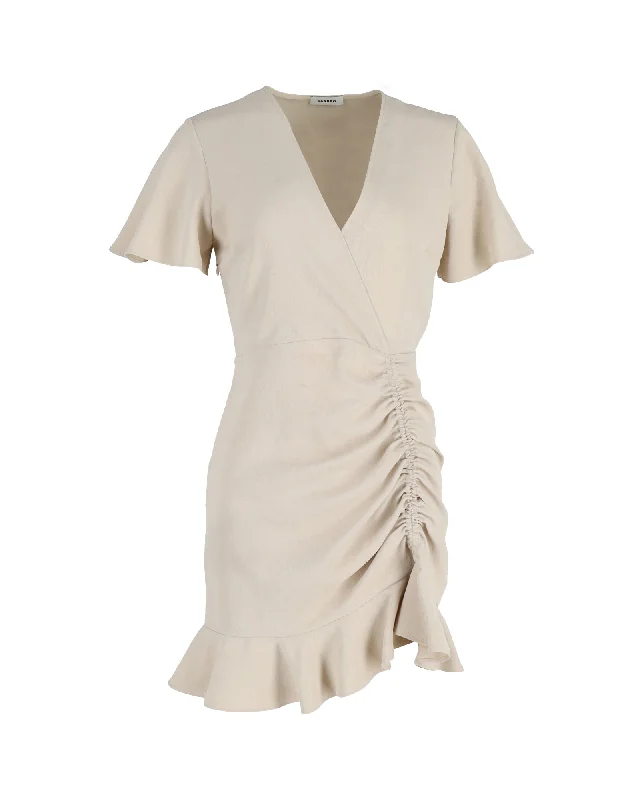 Enjoy Discount Sandro Gathered Mini Dress in Beige Polyester Dreamy Aesthetic