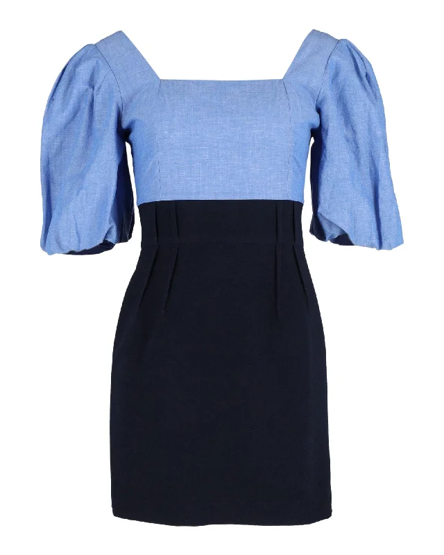 Crazy Price Slashing Sandro Paris Puff Sleeve Mini Dress in Blue Cotton Classic Timeless Elegant Style