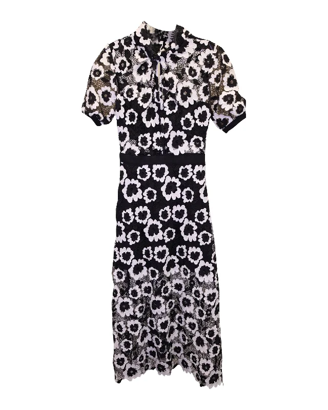 Best Sellers Self-Portrait Monochrome Guipure Lace Midi Dress in Black Silk Summer Fashion