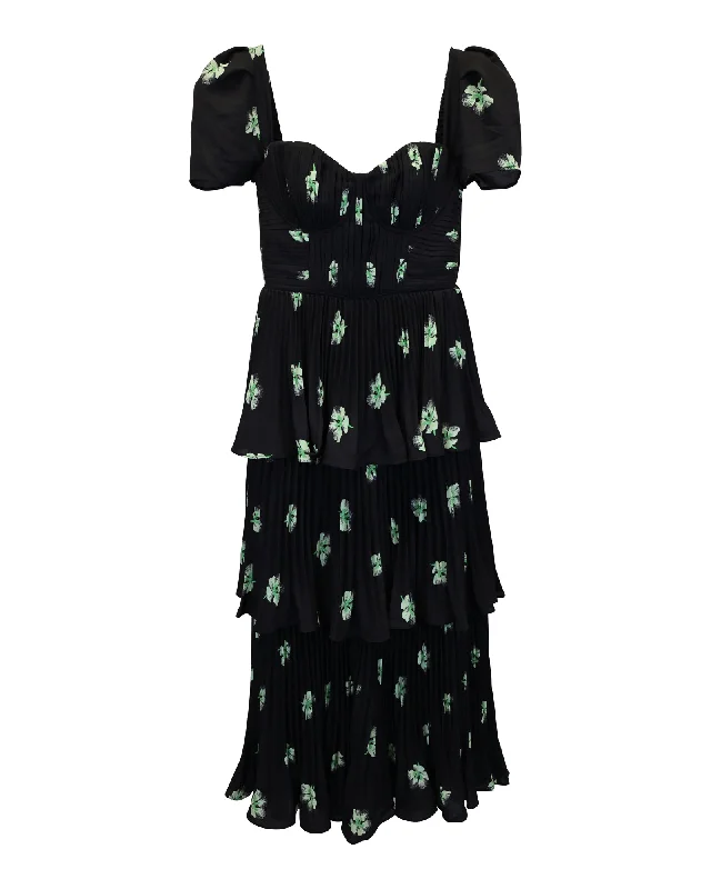 Don't Miss Out Self Portrait Pansy-Print Tiered Woven Midi Dress In Black Polyester Save on Classic Elegant Styles