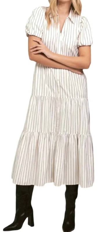 New Arrivals Short Sleeve Pinstripe Midi Dress In White/grey Casual Chic