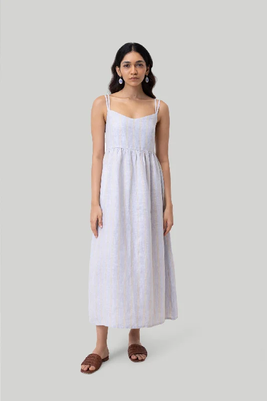 Refined Fashion Sale Strappy Gathered Midi Dress in Linen Stripes Bold Silhouette