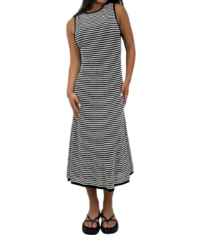 Seasonal Clearance Striped Knit High Neck Midi Dress In Black And White Casual Elegance