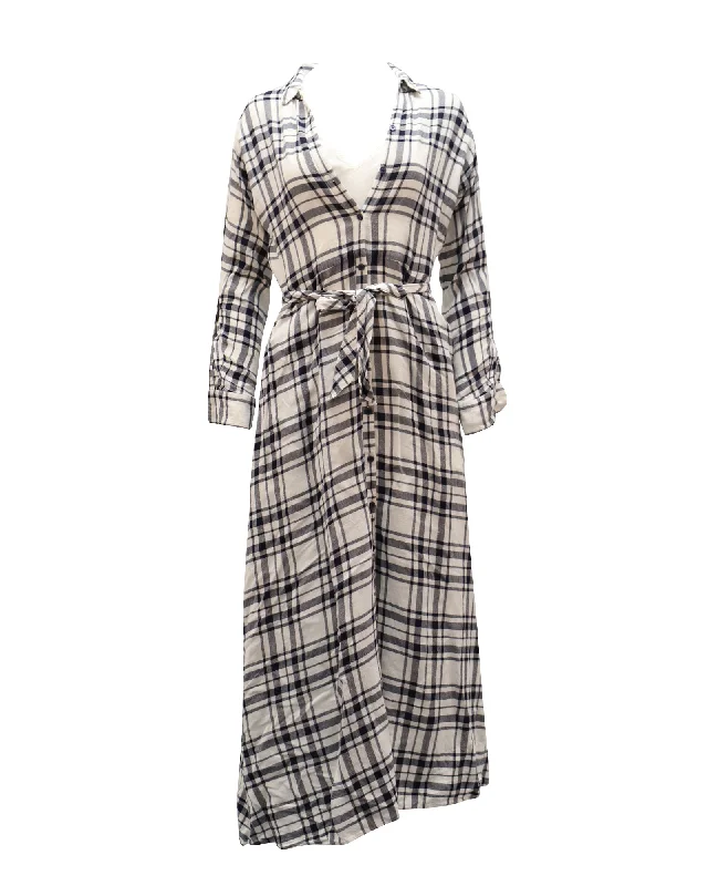 Chic And Edgy Theory Checkered V-Neck Longsleeve Maxi Dress in White Viscose Ethnic Cultural Event Wear