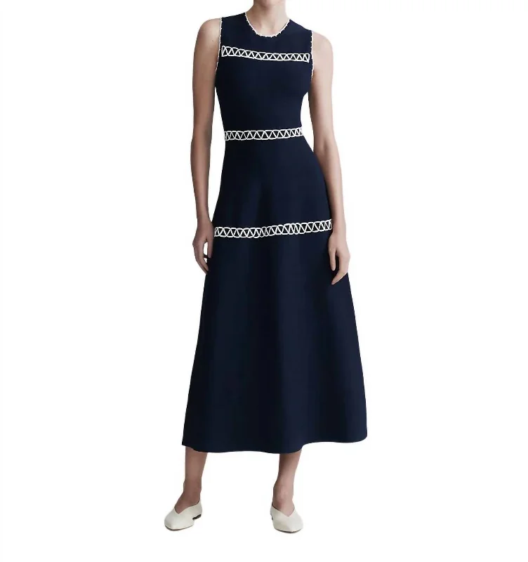 Limited Stock, Big Discounts Tiered Embroidered Knit Sleeveless Midi Dress In Navy Exquisite Craftsmanship