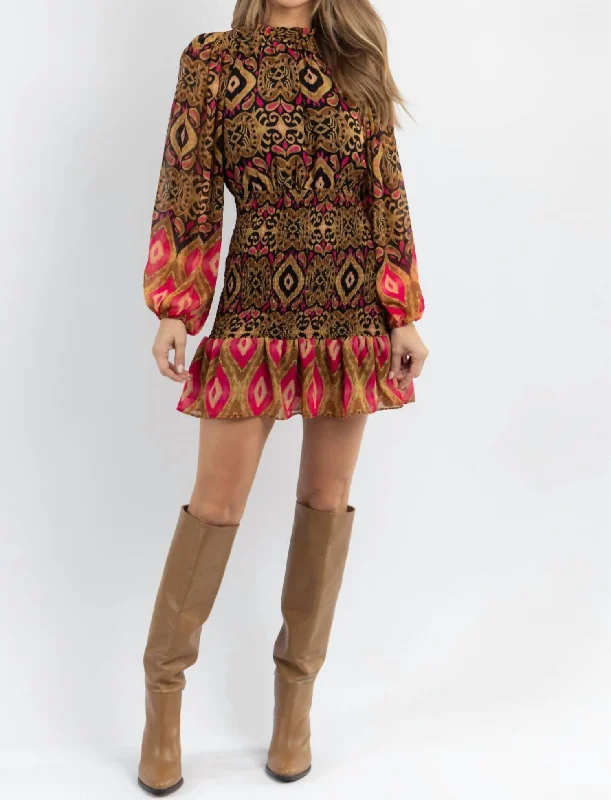 Exclusive Designer Style Deals Tinsley Smocked Mini Dress In Brown Feminine Flow