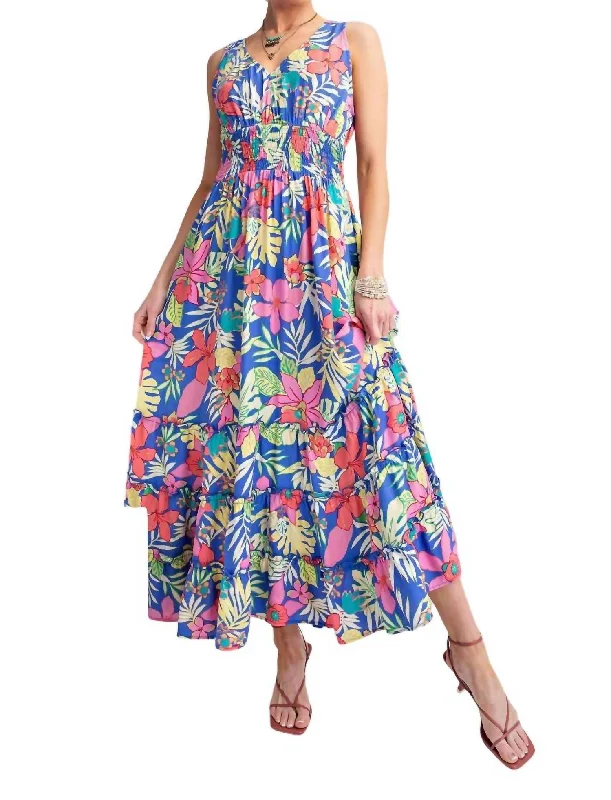 High-End Style Discounts Tropical Print Peach Blossom Maxi Dress In Peri Blue Luxury Comfort