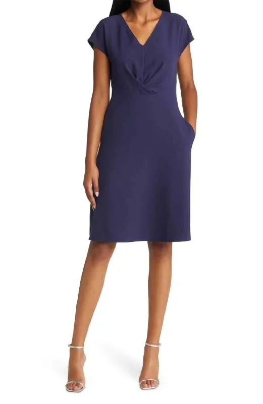 Stay Ahead In Style Twist Front V Neck Midi Dress In Navy Feminine Grace