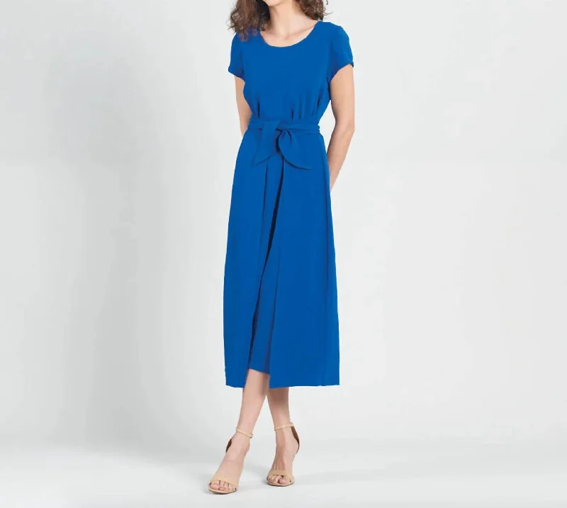 Budget Friendly Wrap Overlay Center Tie Midi Dress In Blue Chic Allure