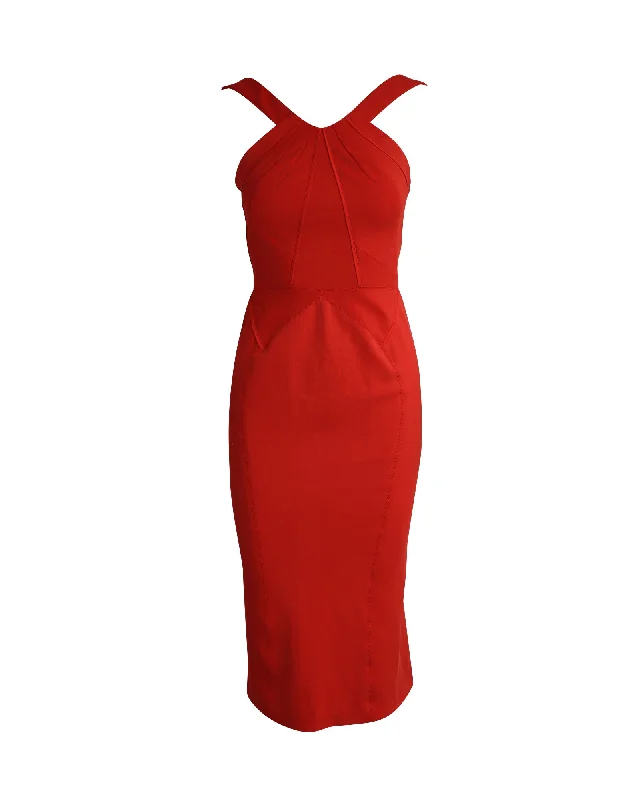 Catch Every Fashion Trend Zac Posen Halter Flared Bottom Midi Dress in Red Polyester Lightweight Fabric