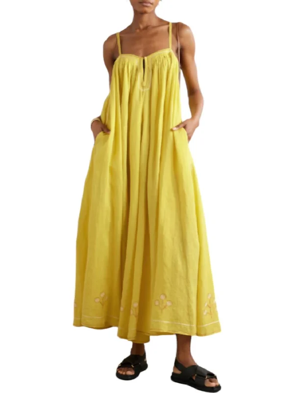 Best Deals Of The Season Zenobia Pintucked Embroidered Linen Maxi Dress In Yellow Graceful Cut