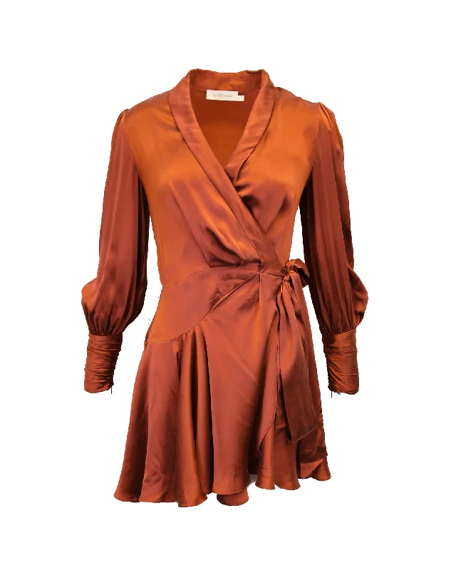 Budget Friendly Zimmermann Wrap Mini Dress in Brown Silk Formal Outfit